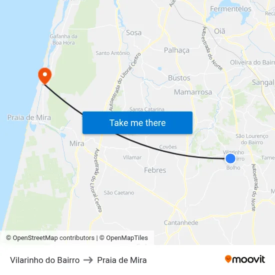 Vilarinho do Bairro to Praia de Mira map