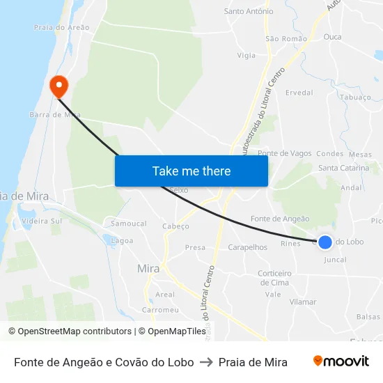 Fonte de Angeão e Covão do Lobo to Praia de Mira map