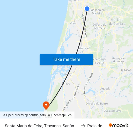 Santa Maria da Feira, Travanca, Sanfins e Espargo to Praia de Mira map