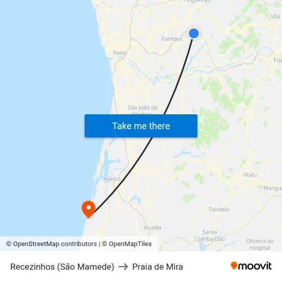 Recezinhos (São Mamede) to Praia de Mira map