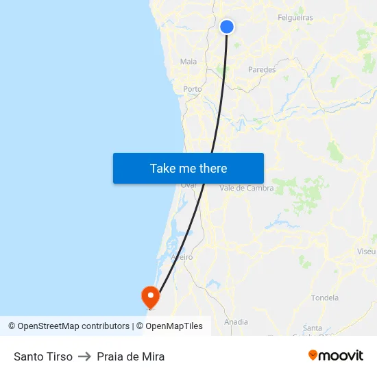 Santo Tirso to Praia de Mira map
