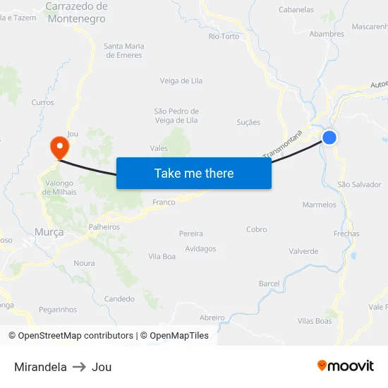 Mirandela to Jou map
