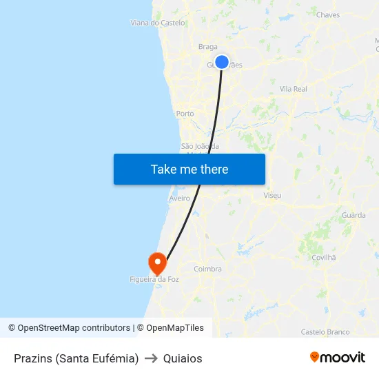 Prazins (Santa Eufémia) to Quiaios map