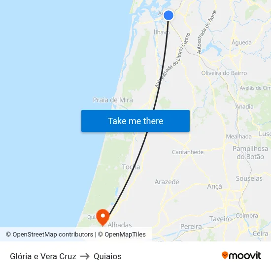 Glória e Vera Cruz to Quiaios map
