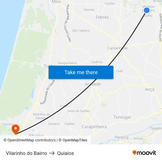 Vilarinho do Bairro to Quiaios map