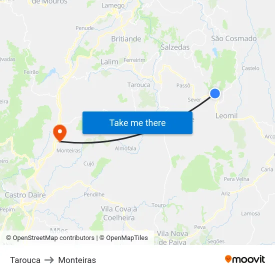 Tarouca to Monteiras map