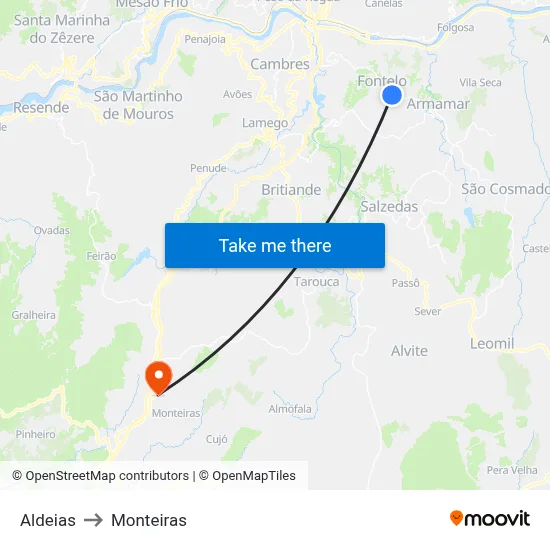 Aldeias to Monteiras map