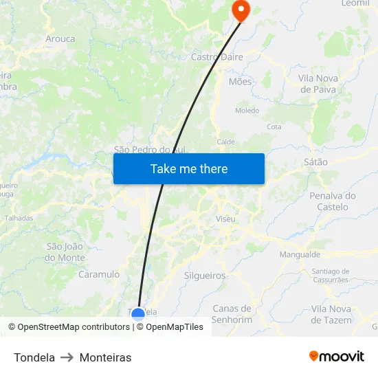 Tondela to Monteiras map