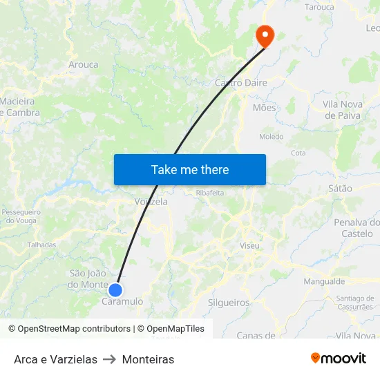 Arca e Varzielas to Monteiras map