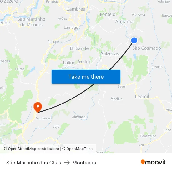 São Martinho das Chãs to Monteiras map