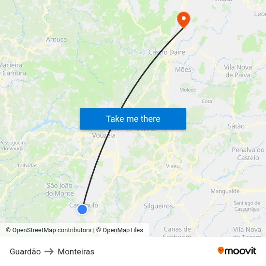 Guardão to Monteiras map