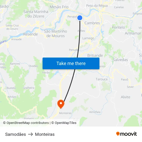 Samodães to Monteiras map