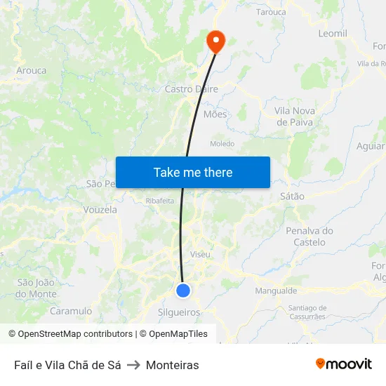 Faíl e Vila Chã de Sá to Monteiras map