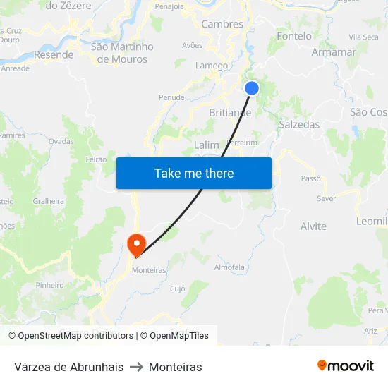 Várzea de Abrunhais to Monteiras map