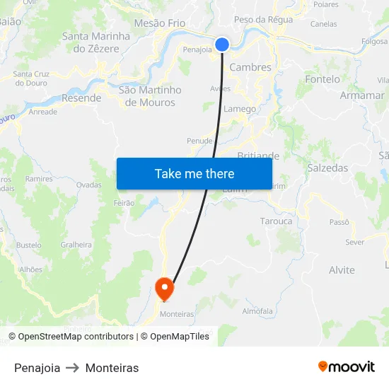Penajoia to Monteiras map