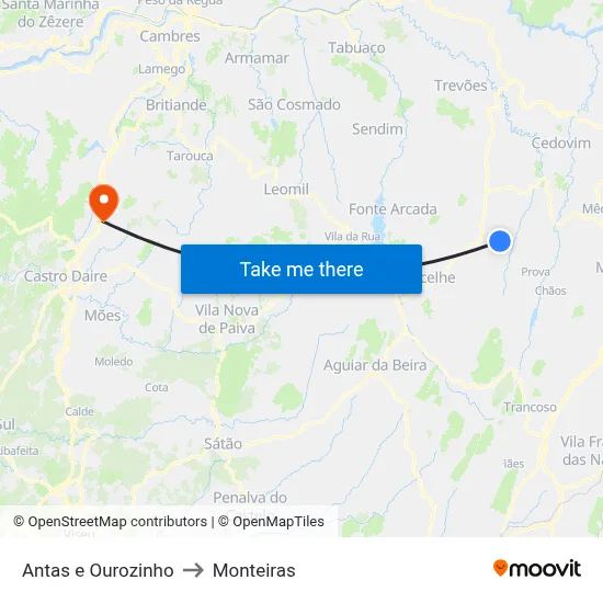 Antas e Ourozinho to Monteiras map