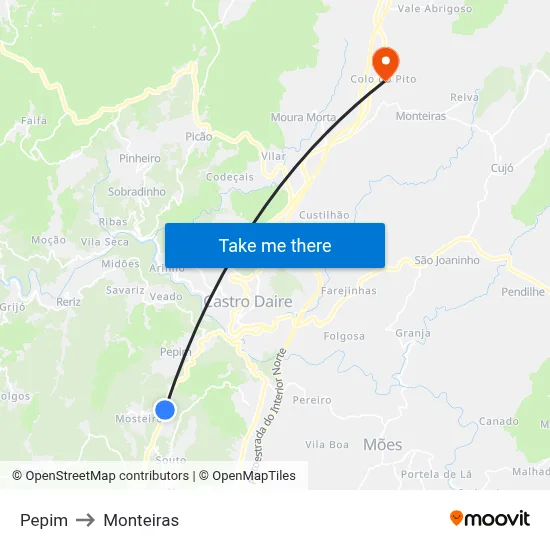 Pepim to Monteiras map