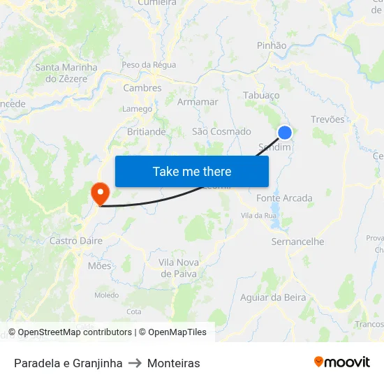 Paradela e Granjinha to Monteiras map