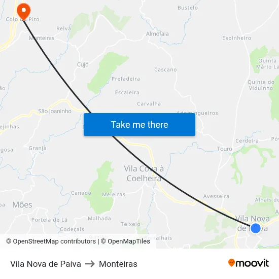 Vila Nova de Paiva to Monteiras map