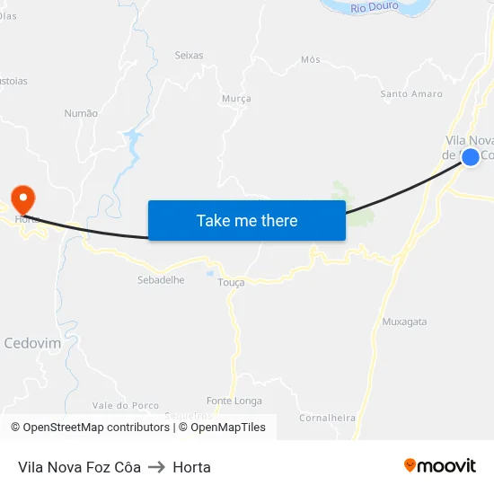 Vila Nova Foz Côa to Horta map