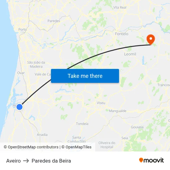 Aveiro to Paredes da Beira map