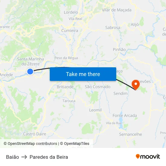 Baião to Paredes da Beira map