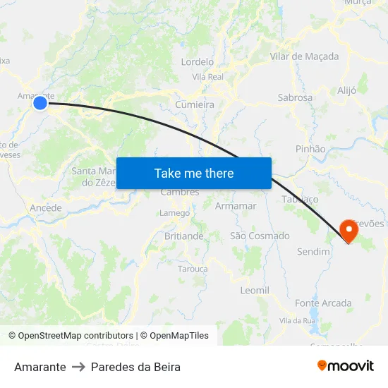 Amarante to Paredes da Beira map