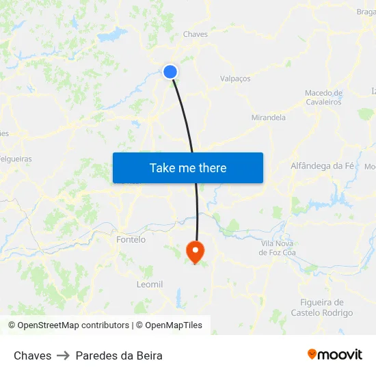 Chaves to Paredes da Beira map