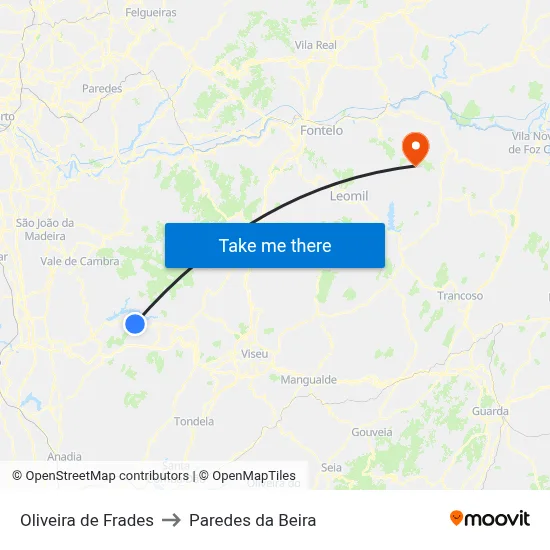 Oliveira de Frades to Paredes da Beira map