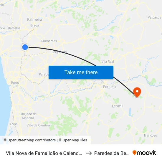 Vila Nova de Famalicão e Calendário to Paredes da Beira map