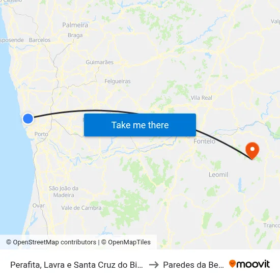 Perafita, Lavra e Santa Cruz do Bispo to Paredes da Beira map