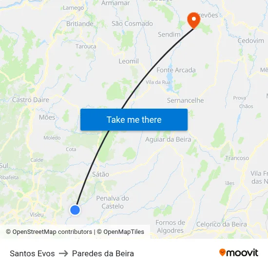 Santos Evos to Paredes da Beira map