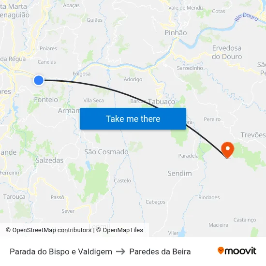 Parada do Bispo e Valdigem to Paredes da Beira map