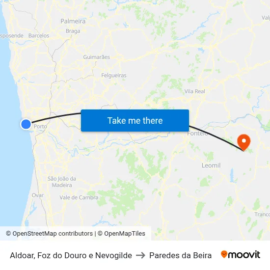 Aldoar, Foz do Douro e Nevogilde to Paredes da Beira map
