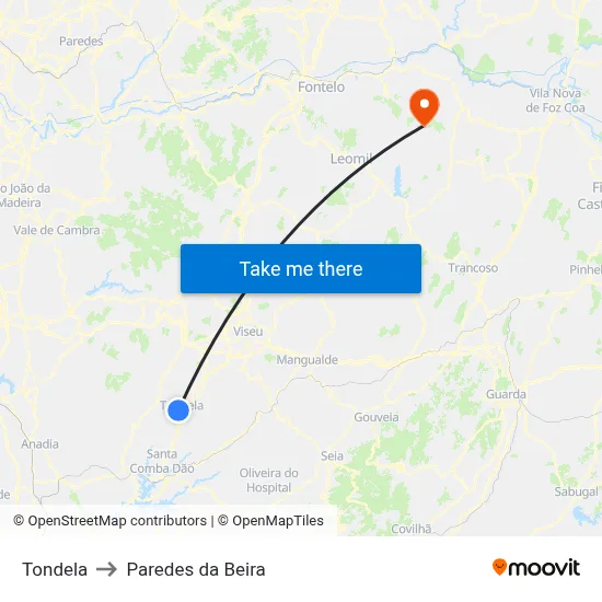 Tondela to Paredes da Beira map