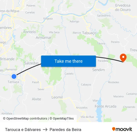 Tarouca e Dálvares to Paredes da Beira map
