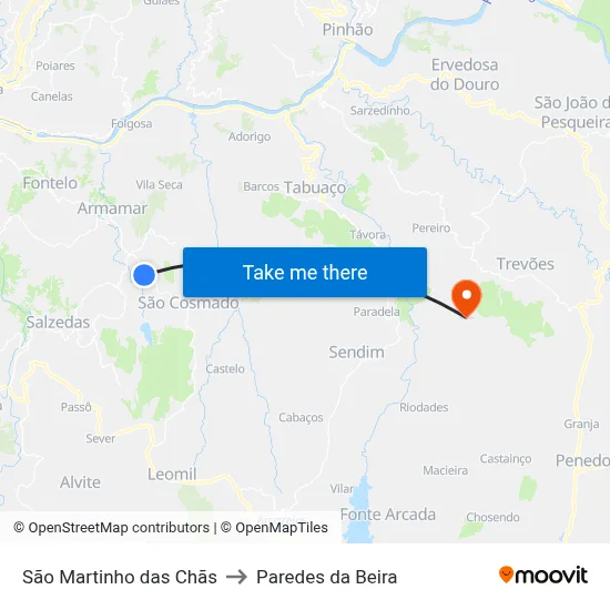 São Martinho das Chãs to Paredes da Beira map