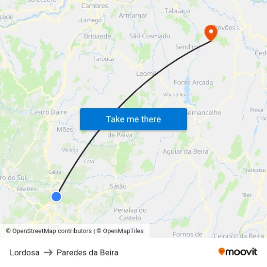 Lordosa to Paredes da Beira map