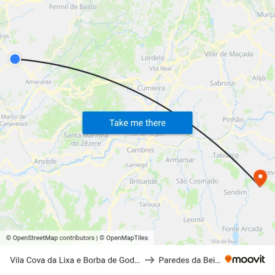 Vila Cova da Lixa e Borba de Godim to Paredes da Beira map