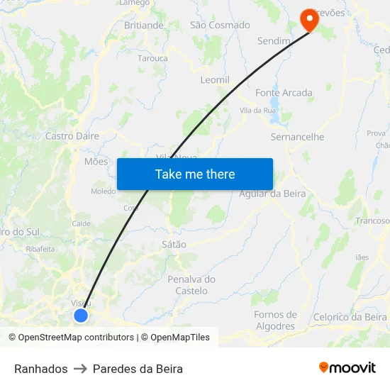 Ranhados to Paredes da Beira map
