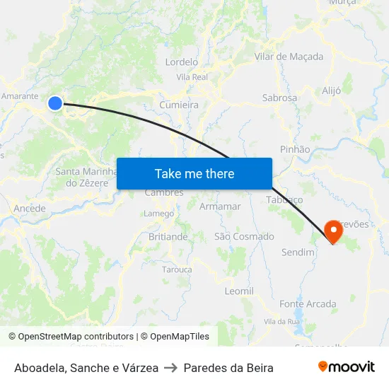 Aboadela, Sanche e Várzea to Paredes da Beira map