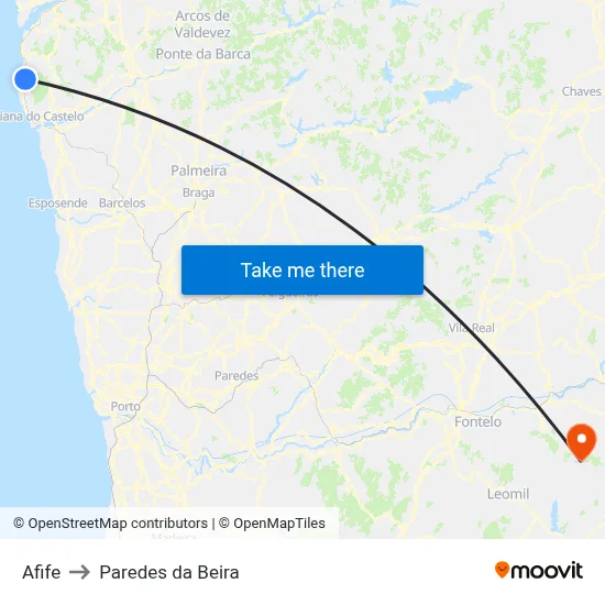 Afife to Paredes da Beira map