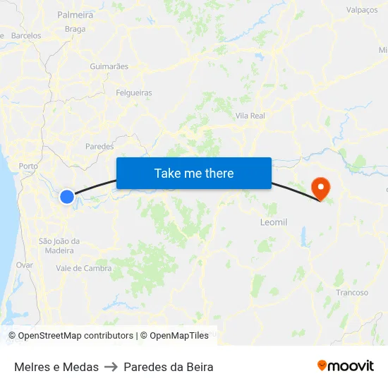 Melres e Medas to Paredes da Beira map