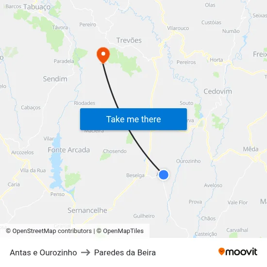 Antas e Ourozinho to Paredes da Beira map