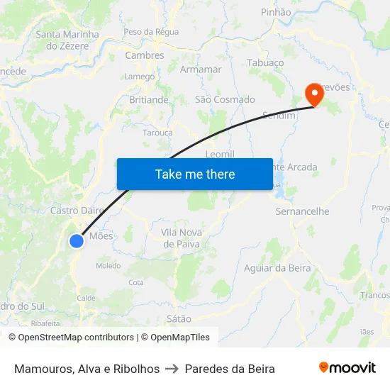 Mamouros, Alva e Ribolhos to Paredes da Beira map