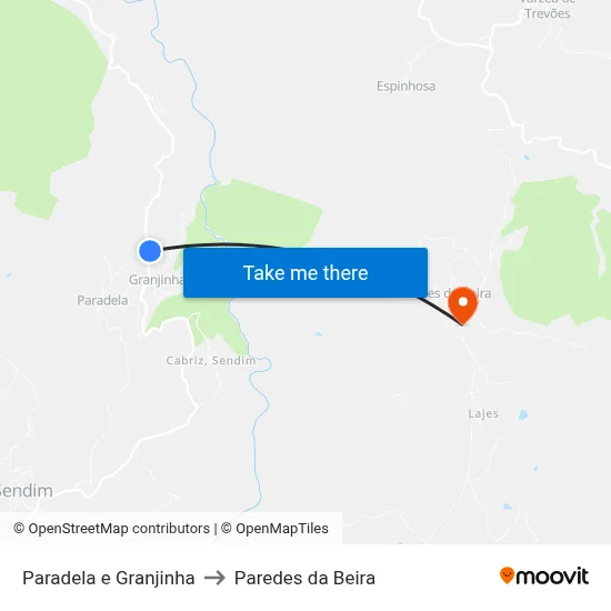 Paradela e Granjinha to Paredes da Beira map