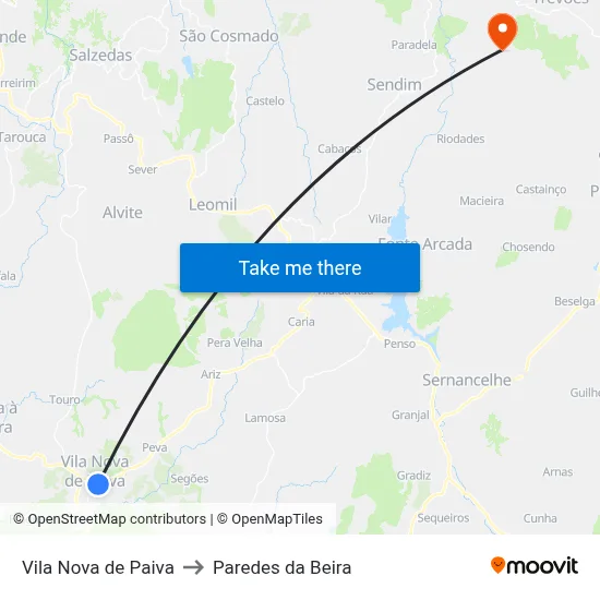 Vila Nova de Paiva to Paredes da Beira map