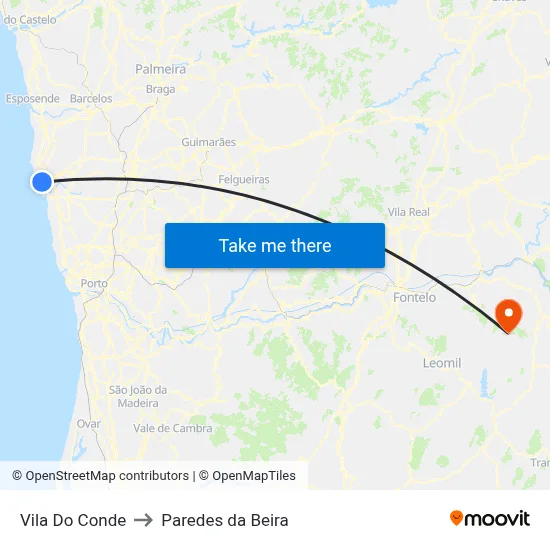 Vila Do Conde to Paredes da Beira map