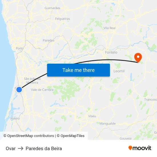 Ovar to Paredes da Beira map