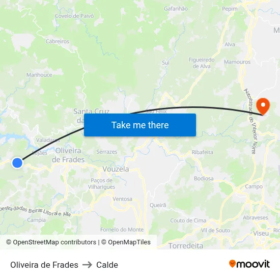 Oliveira de Frades to Calde map